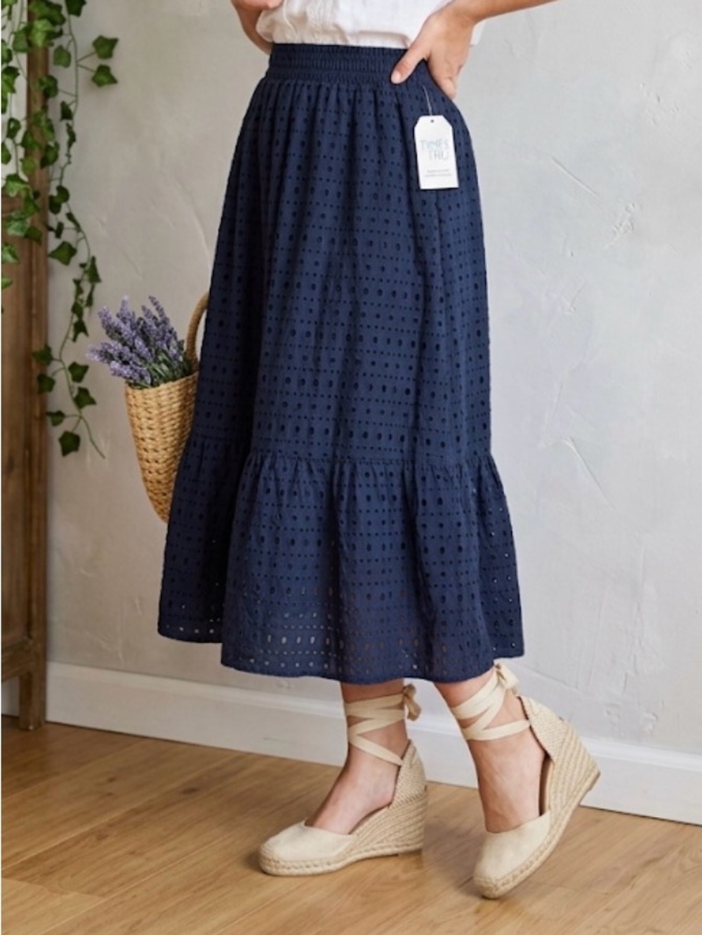 NWT Navy Blue Eyelet Tiered Cotton Midi Skirt L 12-14